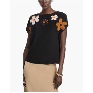 Aaeda Wmns L Black Rayon Sweater Floral Aplique Boho Chic Soft Girl New